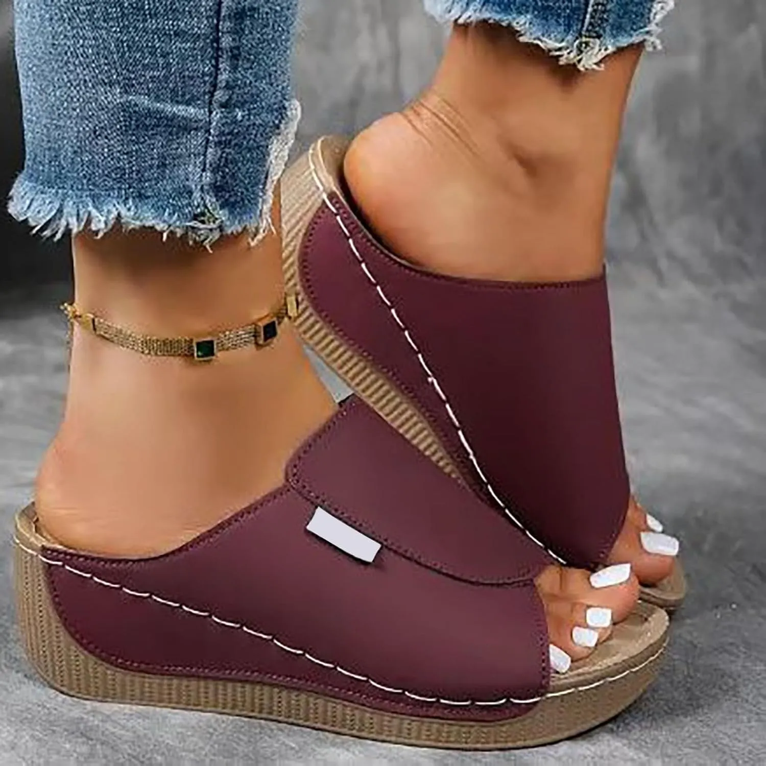 Orthopedic Sandals for Women Faux PU Leather Platform Wedges Shoes Comfort Soft Sole Slip On Casual Wedge Slides