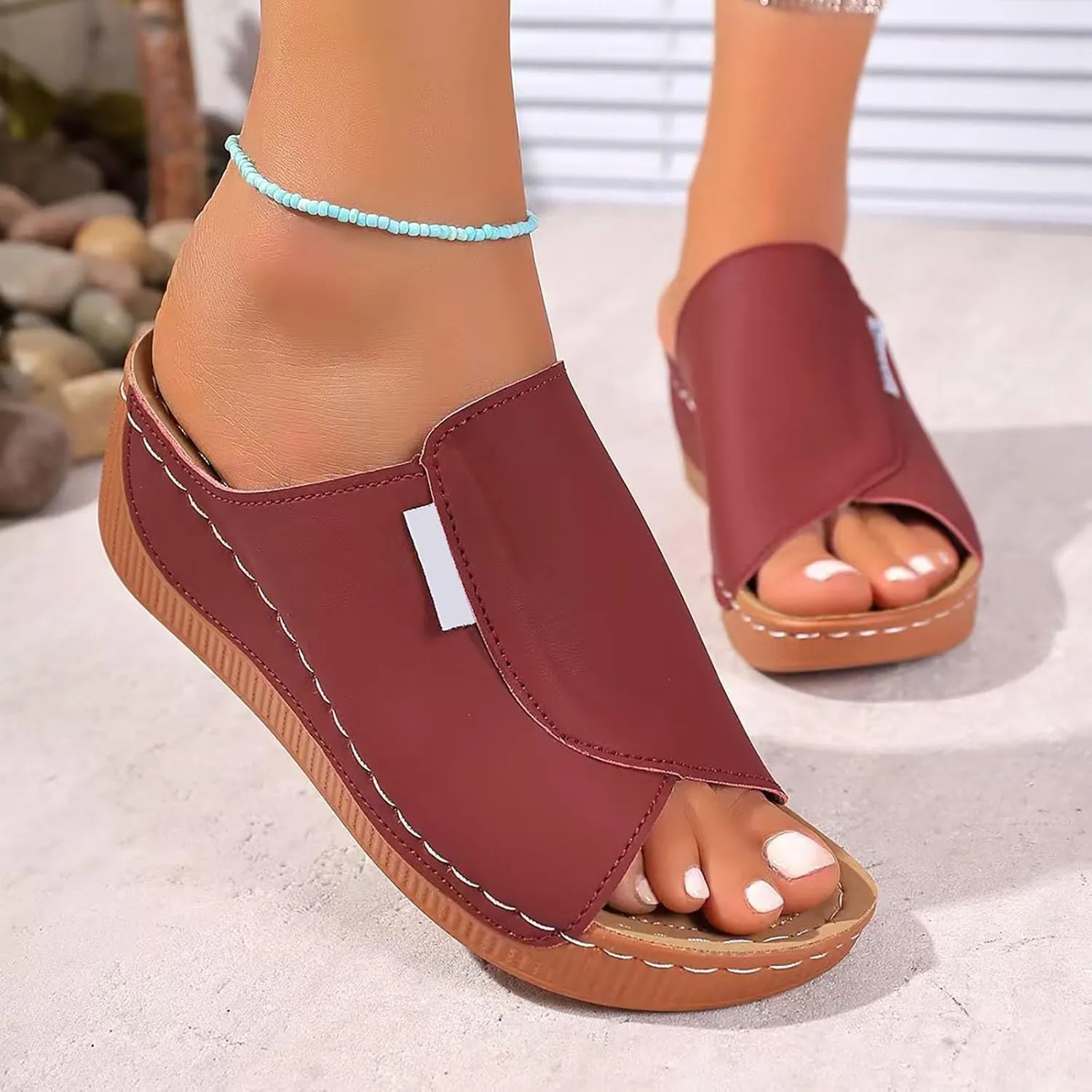 Orthopedic Sandals for Women Faux PU Leather Platform Wedges Shoes Comfort Soft Sole Slip On Casual Wedge Slides