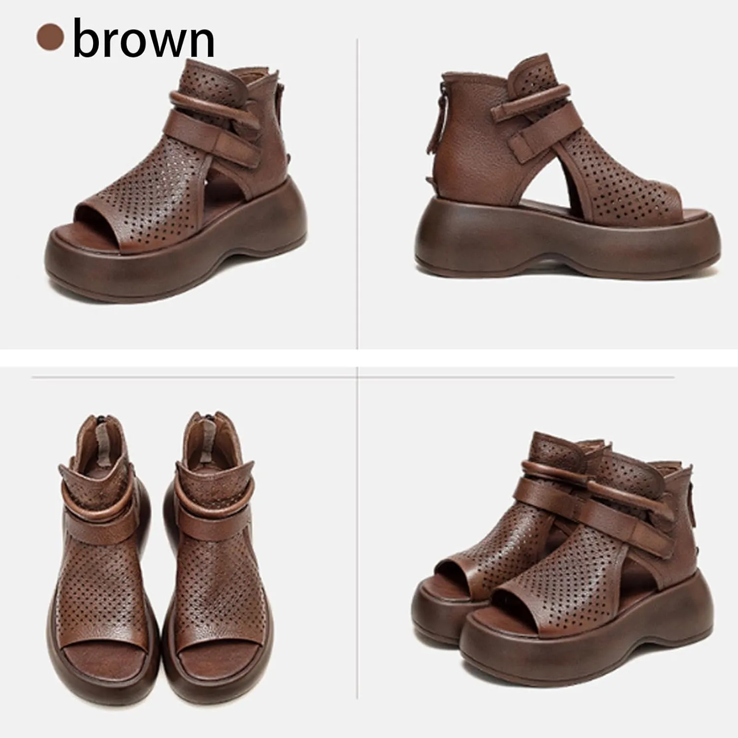 Orthopedic Sandals, Soft Sole Leather Orthopedic Shoes for Women, Walking Wedges Platform Sandal Arch Support Soft Sole Wide Width Adjustable Fish mouth hollow boots