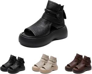 Orthopedic Sandals, Soft Sole Leather Orthopedic Shoes for Women, Walking Wedges Platform Sandal Arch Support Soft Sole Wide Width Adjustable Fish mouth hollow boots