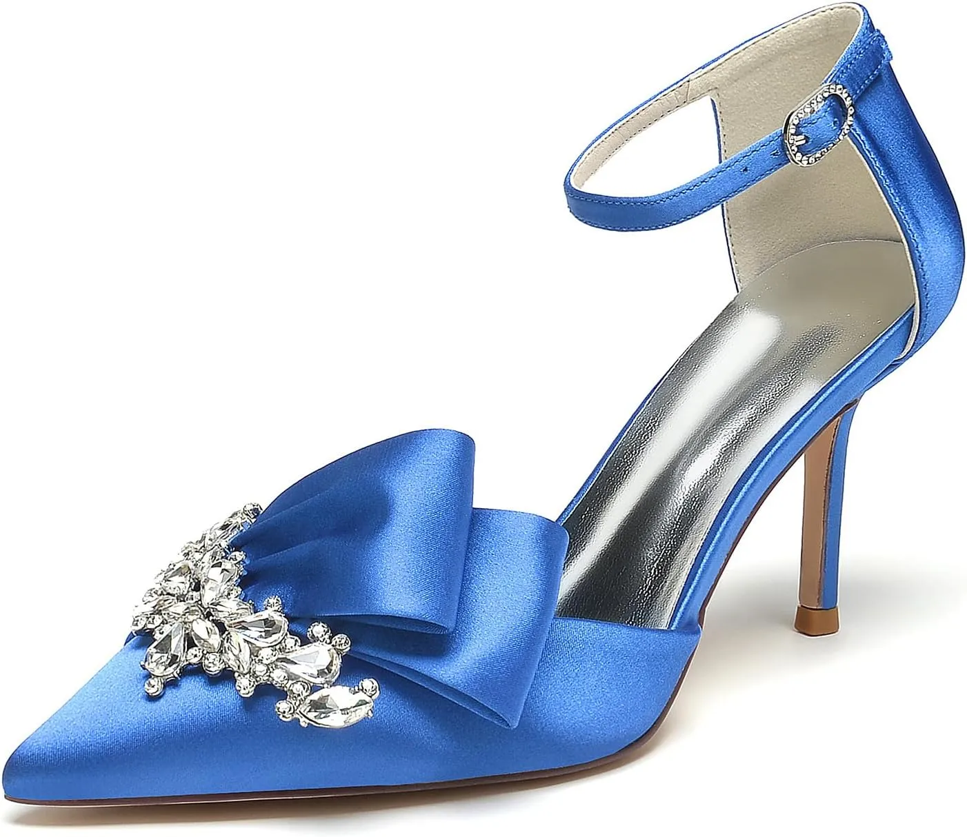 Pointed Toe White Wedding Shoes for Bride High Heels Satin Bridal Shoes Ankle Strap Crystal White Heels Dress Shoes for Women Pumps