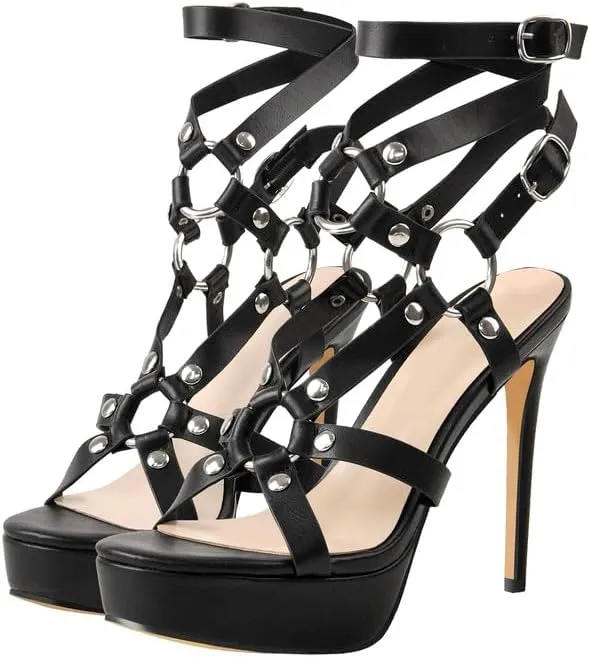 richealnini Platform Heel Sandals for Women Ankle Straps Buckles Stiletto High Heels