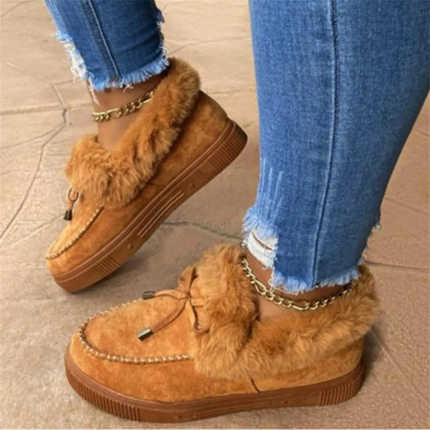 SACFOF Womens Winter Flat Boots Warm Durable Shoes With Fur Lined Fuzzy Ankle Snow Boots Platform Thick Plush Casual Loafers