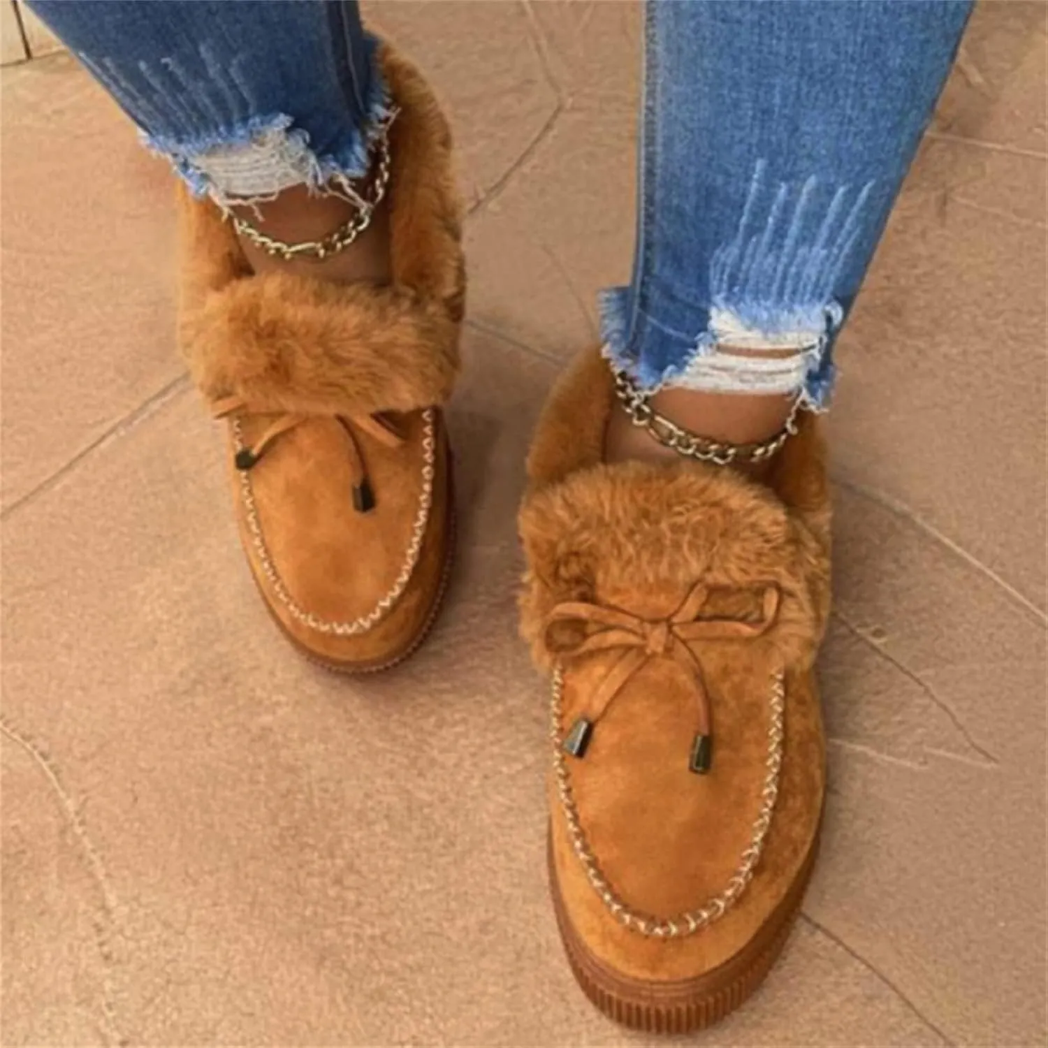 SACFOF Womens Winter Flat Boots Warm Durable Shoes With Fur Lined Fuzzy Ankle Snow Boots Platform Thick Plush Casual Loafers