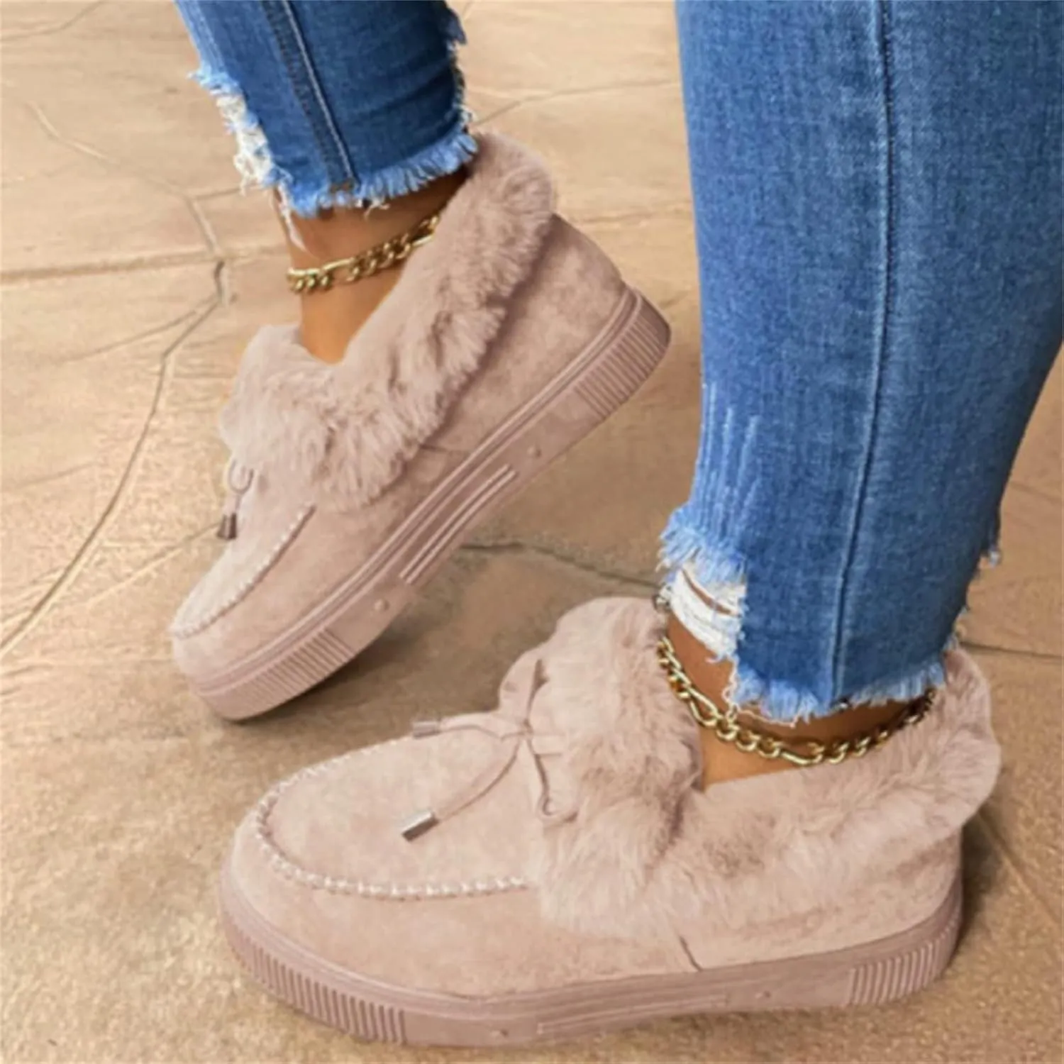 SACFOF Womens Winter Flat Boots Warm Durable Shoes With Fur Lined Fuzzy Ankle Snow Boots Platform Thick Plush Casual Loafers