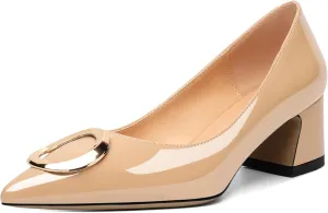 SAMMITOP Women's Block Heel Chunky Pumps Low Heels Pointed Toe Heel with Metal Buckle Slip on Closed Toe Heeled Loafers Wedding Party Dress Shoes