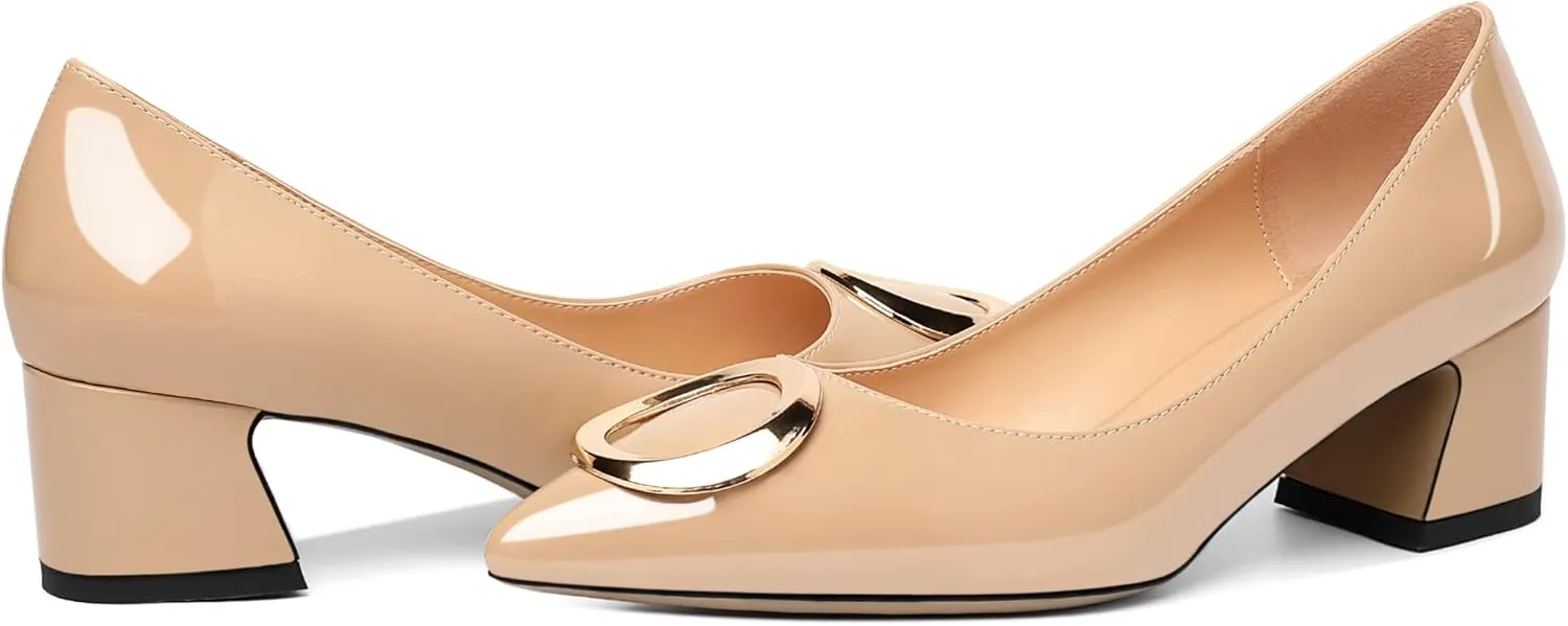 SAMMITOP Women's Block Heel Chunky Pumps Low Heels Pointed Toe Heel with Metal Buckle Slip on Closed Toe Heeled Loafers Wedding Party Dress Shoes