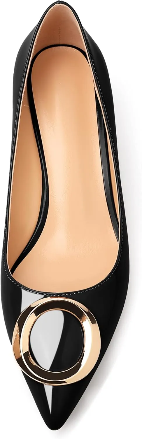 SAMMITOP Women's Block Heel Chunky Pumps Low Heels Pointed Toe Heel with Metal Buckle Slip on Closed Toe Heeled Loafers Wedding Party Dress Shoes