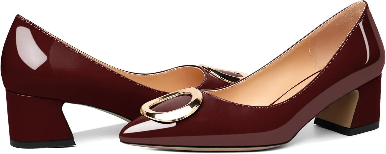 SAMMITOP Women's Block Heel Chunky Pumps Low Heels Pointed Toe Heel with Metal Buckle Slip on Closed Toe Heeled Loafers Wedding Party Dress Shoes