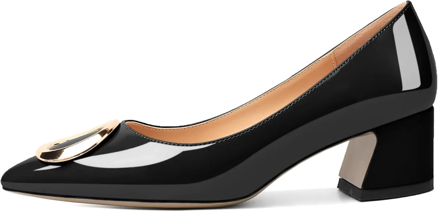 SAMMITOP Women's Block Heel Chunky Pumps Low Heels Pointed Toe Heel with Metal Buckle Slip on Closed Toe Heeled Loafers Wedding Party Dress Shoes