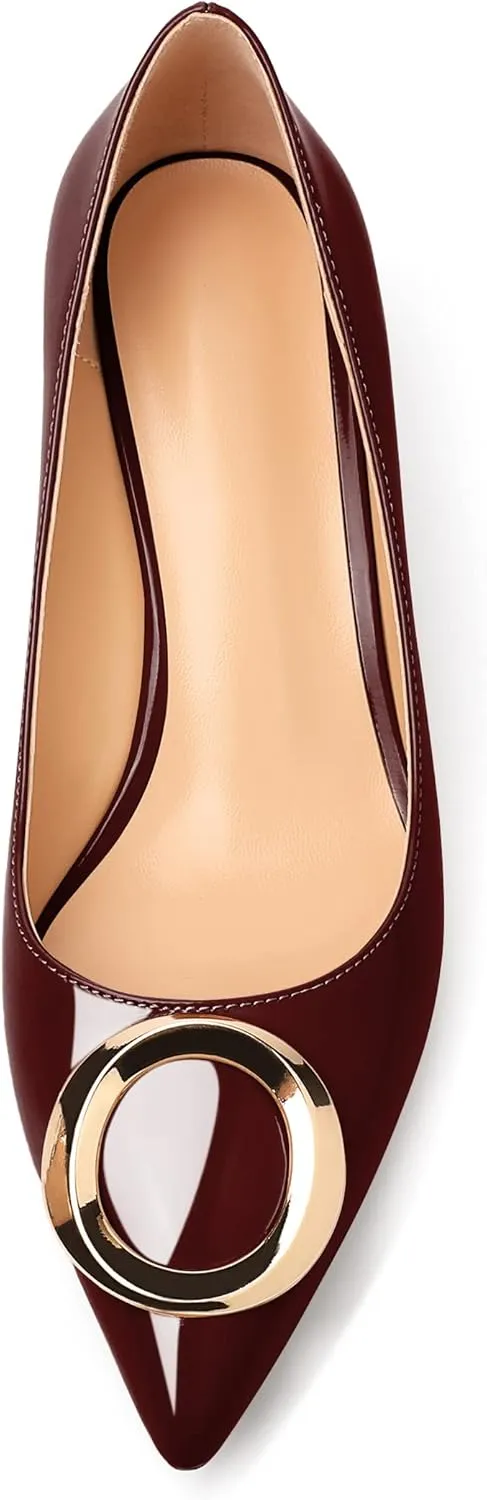 SAMMITOP Women's Block Heel Chunky Pumps Low Heels Pointed Toe Heel with Metal Buckle Slip on Closed Toe Heeled Loafers Wedding Party Dress Shoes