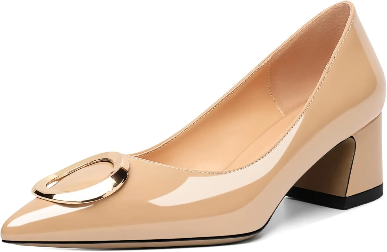 SAMMITOP Women's Block Heel Chunky Pumps Low Heels Pointed Toe Heel with Metal Buckle Slip on Closed Toe Heeled Loafers Wedding Party Dress Shoes