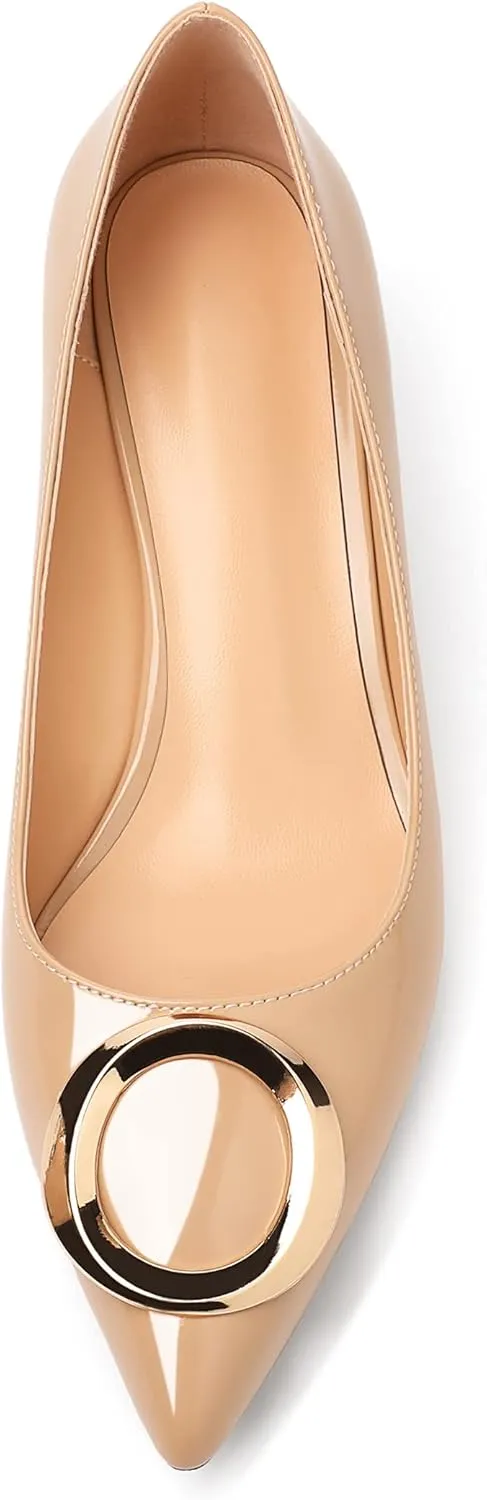 SAMMITOP Women's Block Heel Chunky Pumps Low Heels Pointed Toe Heel with Metal Buckle Slip on Closed Toe Heeled Loafers Wedding Party Dress Shoes