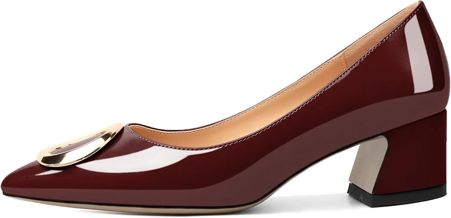 SAMMITOP Women's Block Heel Chunky Pumps Low Heels Pointed Toe Heel with Metal Buckle Slip on Closed Toe Heeled Loafers Wedding Party Dress Shoes