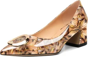 SAMMITOP Women's Block Heel Chunky Pumps Low Heels Pointed Toe Heel with Metal Buckle Slip on Closed Toe Heeled Loafers Wedding Party Dress Shoes