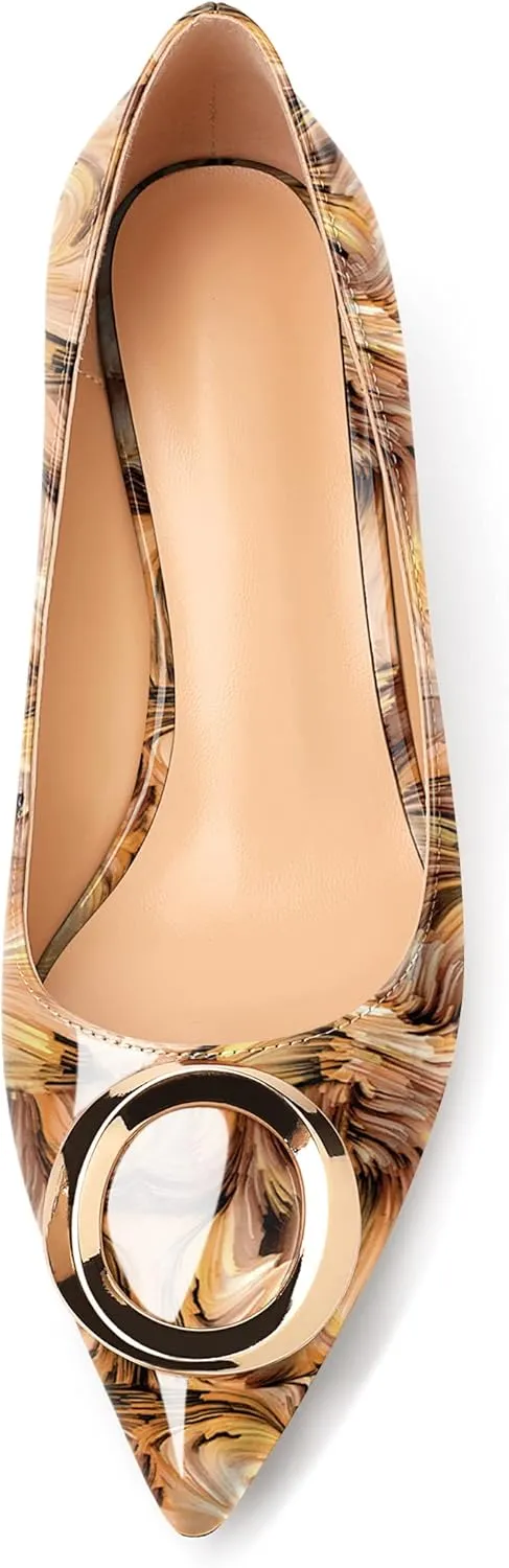 SAMMITOP Women's Block Heel Chunky Pumps Low Heels Pointed Toe Heel with Metal Buckle Slip on Closed Toe Heeled Loafers Wedding Party Dress Shoes