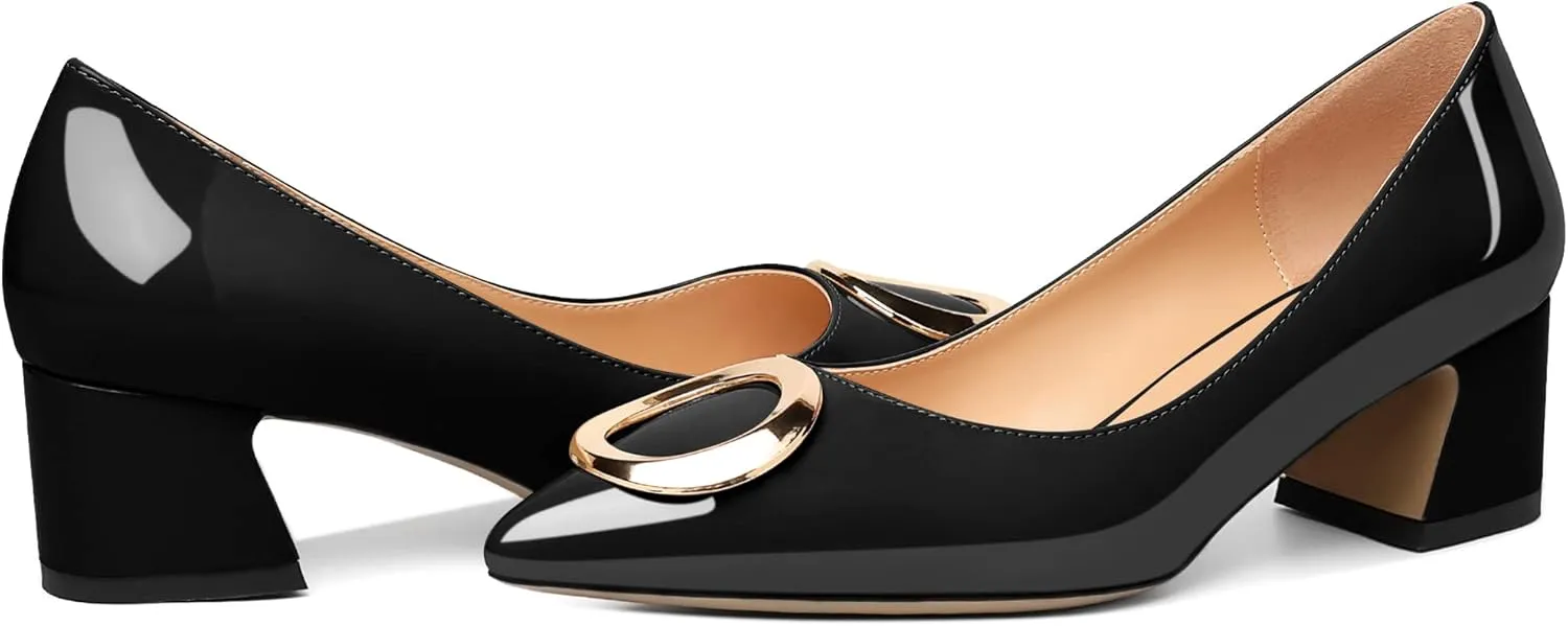 SAMMITOP Women's Block Heel Chunky Pumps Low Heels Pointed Toe Heel with Metal Buckle Slip on Closed Toe Heeled Loafers Wedding Party Dress Shoes