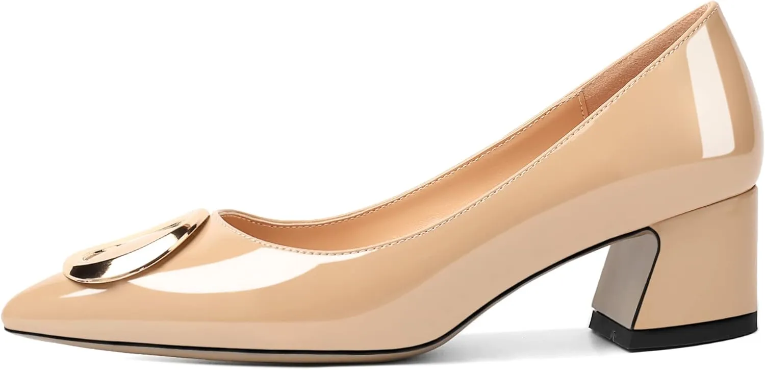SAMMITOP Women's Block Heel Chunky Pumps Low Heels Pointed Toe Heel with Metal Buckle Slip on Closed Toe Heeled Loafers Wedding Party Dress Shoes