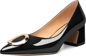 SAMMITOP Women's Block Heel Chunky Pumps Low Heels Pointed Toe Heel with Metal Buckle Slip on Closed Toe Heeled Loafers Wedding Party Dress Shoes