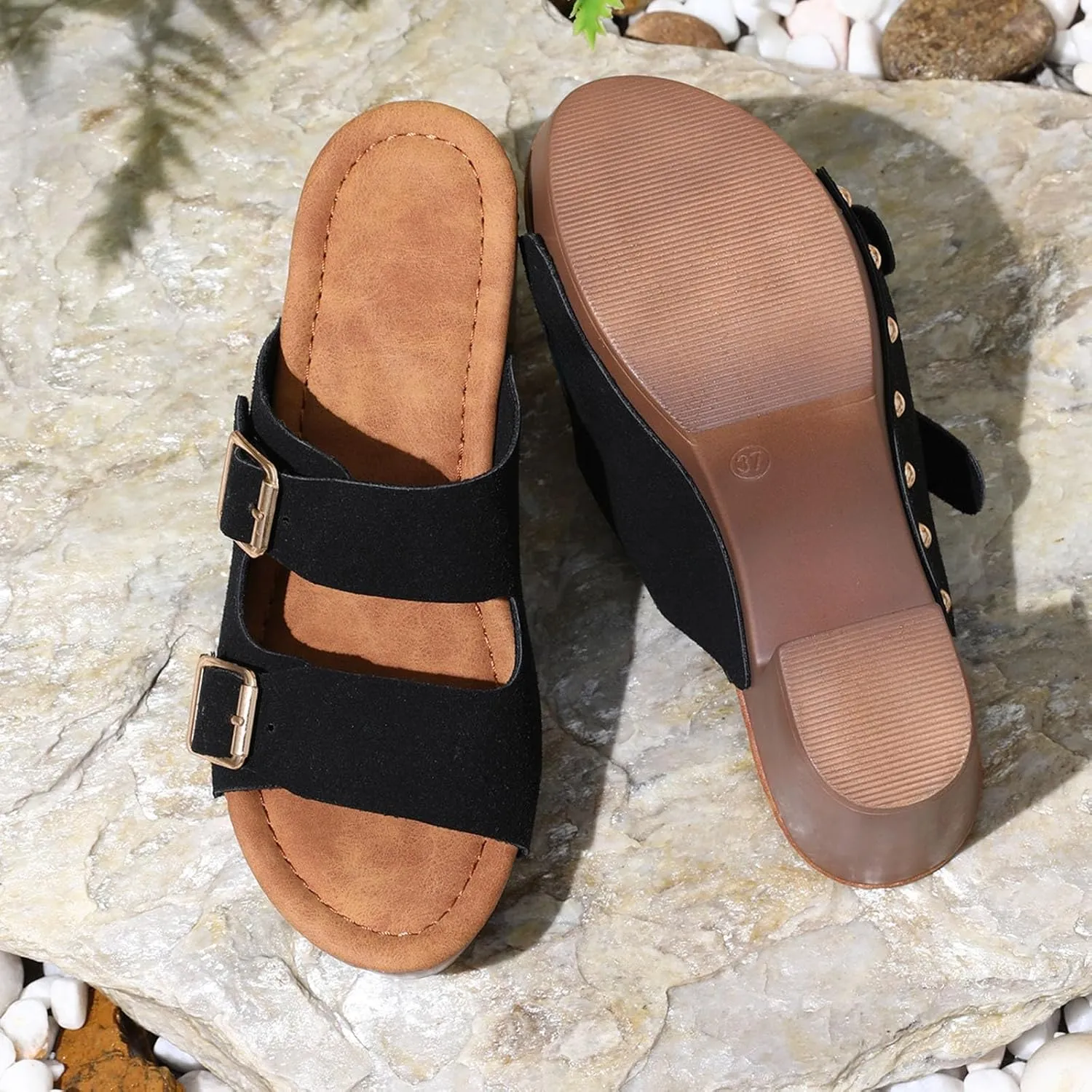 Sandals for Women 2025 Chunky Platform Mules Sandals Slip on Block Heels Square Toe High Heeled Dress Shoes