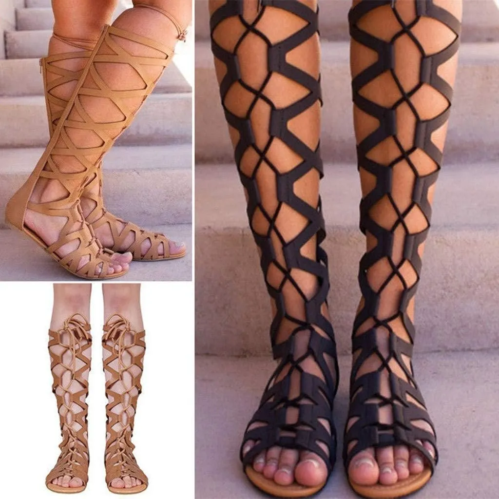 Sandals for Women Platform,Gladiator Sandals Flat Summer Beach Sandals Strappy Lace Up Open Toe Knee High Flat Sandal