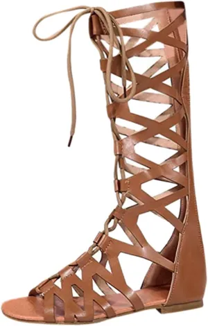 Sandals for Women Platform,Gladiator Sandals Flat Summer Beach Sandals Strappy Lace Up Open Toe Knee High Flat Sandal