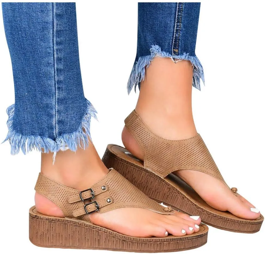 Sandals for Women.Women's Orthopedic Open Toe Leather Sandals-Premium Comfy Hook and Loop Closure Sport Sandal Casual Flat Arch Support Wedge Shoes for Summer Outdoor Hiking Walking Beach