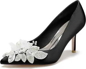 Stiletto High Heel Shoes for Women Rhinestones Satin Bride Wedding Shoes Classic Slip on Evening Prom Party Pearls Sandals