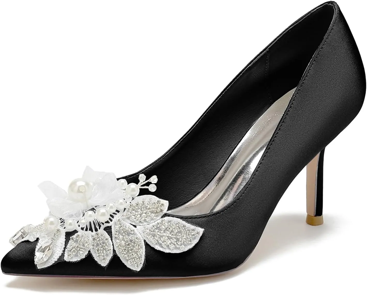 Stiletto High Heel Shoes for Women Rhinestones Satin Bride Wedding Shoes Classic Slip on Evening Prom Party Pearls Sandals