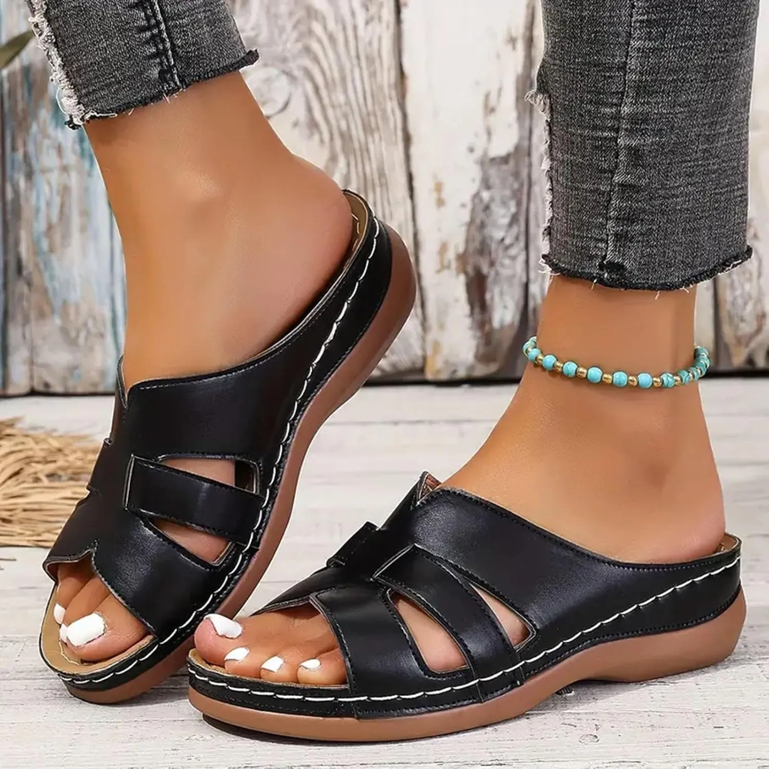 Summer Leather Platform Sandals for Women Comfortable Arch Support Soft Cushion Beach Wedges Sandals Leather Casual Dress Open Toes Non Slip Shoes