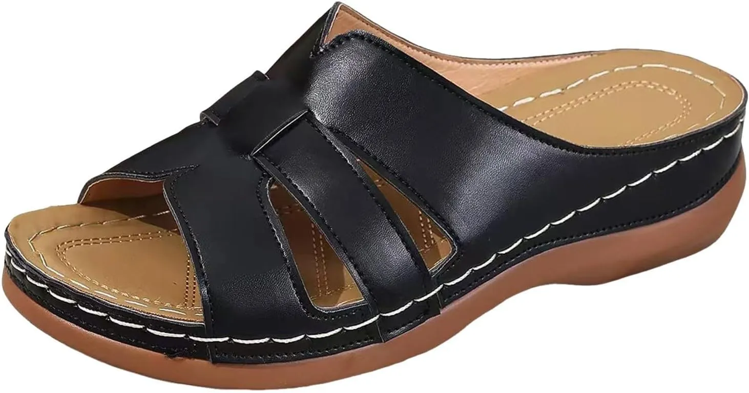 Summer Leather Platform Sandals for Women Comfortable Arch Support Soft Cushion Beach Wedges Sandals Leather Casual Dress Open Toes Non Slip Shoes