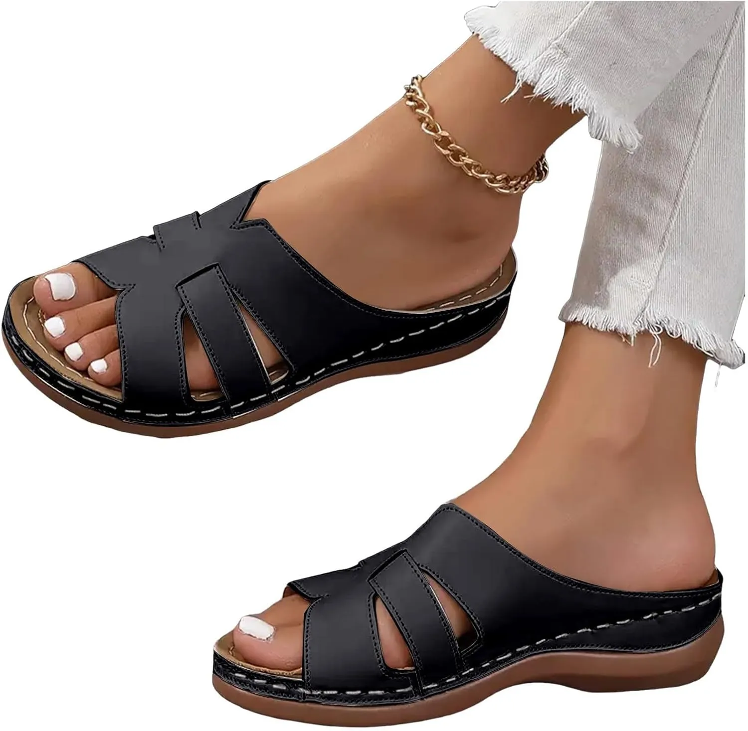 Summer Leather Platform Sandals for Women Comfortable Arch Support Soft Cushion Beach Wedges Sandals Leather Casual Dress Open Toes Non Slip Shoes