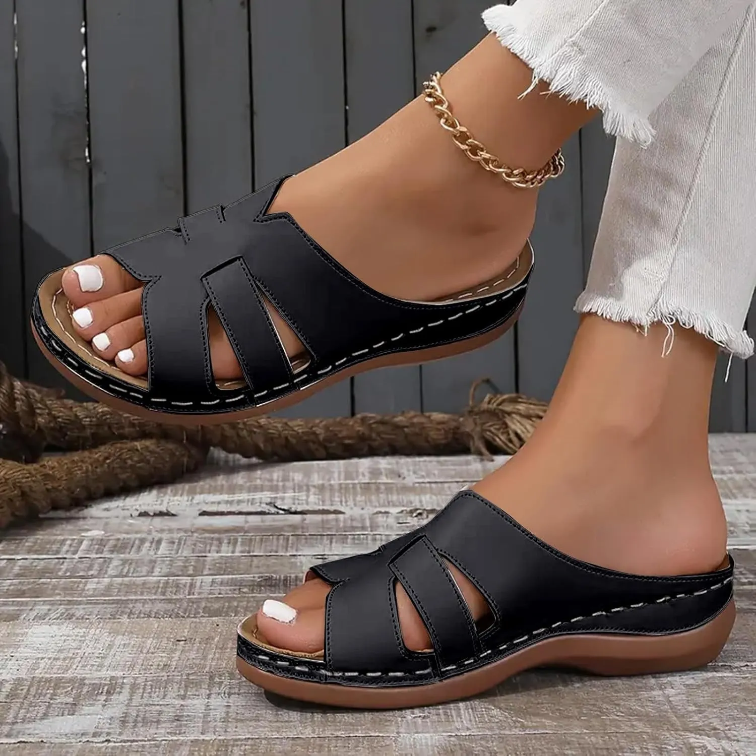Summer Leather Platform Sandals for Women Comfortable Arch Support Soft Cushion Beach Wedges Sandals Leather Casual Dress Open Toes Non Slip Shoes