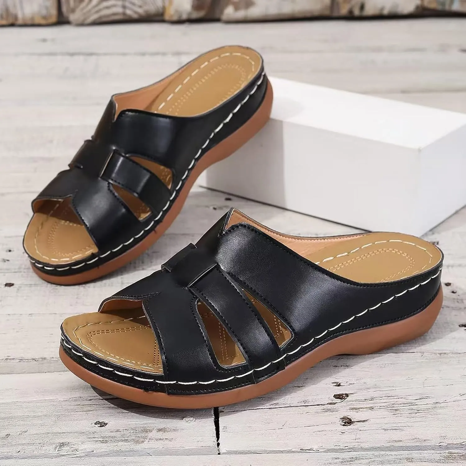 Summer Leather Platform Sandals for Women Comfortable Arch Support Soft Cushion Beach Wedges Sandals Leather Casual Dress Open Toes Non Slip Shoes