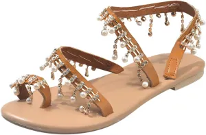 Thong Sandals for Women Beach,2020 New Womens Bohemia Flat Sandals Summer Beach Glitter Beaded Flip-Flop Thong Shoes