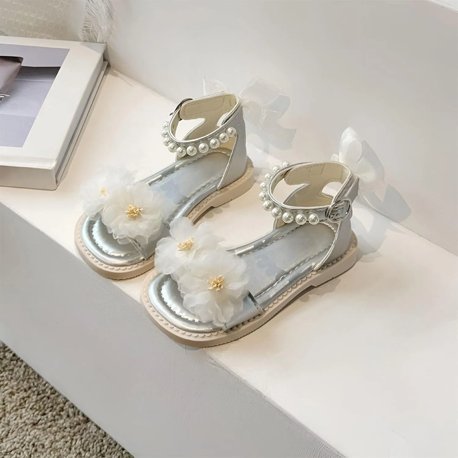 Toddler Girl Sandals Pearl Soft Sole Flower Girl Elegant Summer Dress Shoes Open Toe for Kids Wedding Party Beach