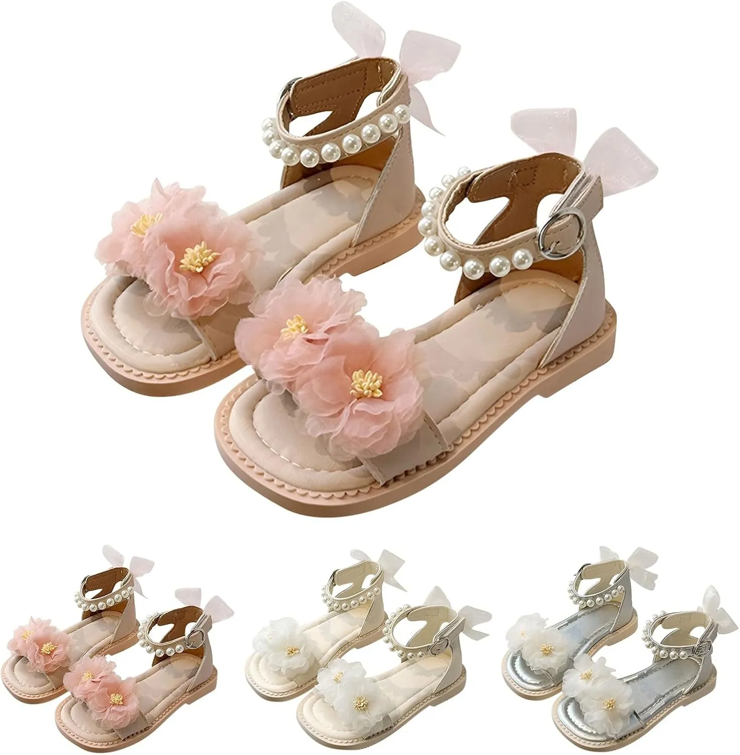 Toddler Girl Sandals Pearl Soft Sole Flower Girl Elegant Summer Dress Shoes Open Toe for Kids Wedding Party Beach