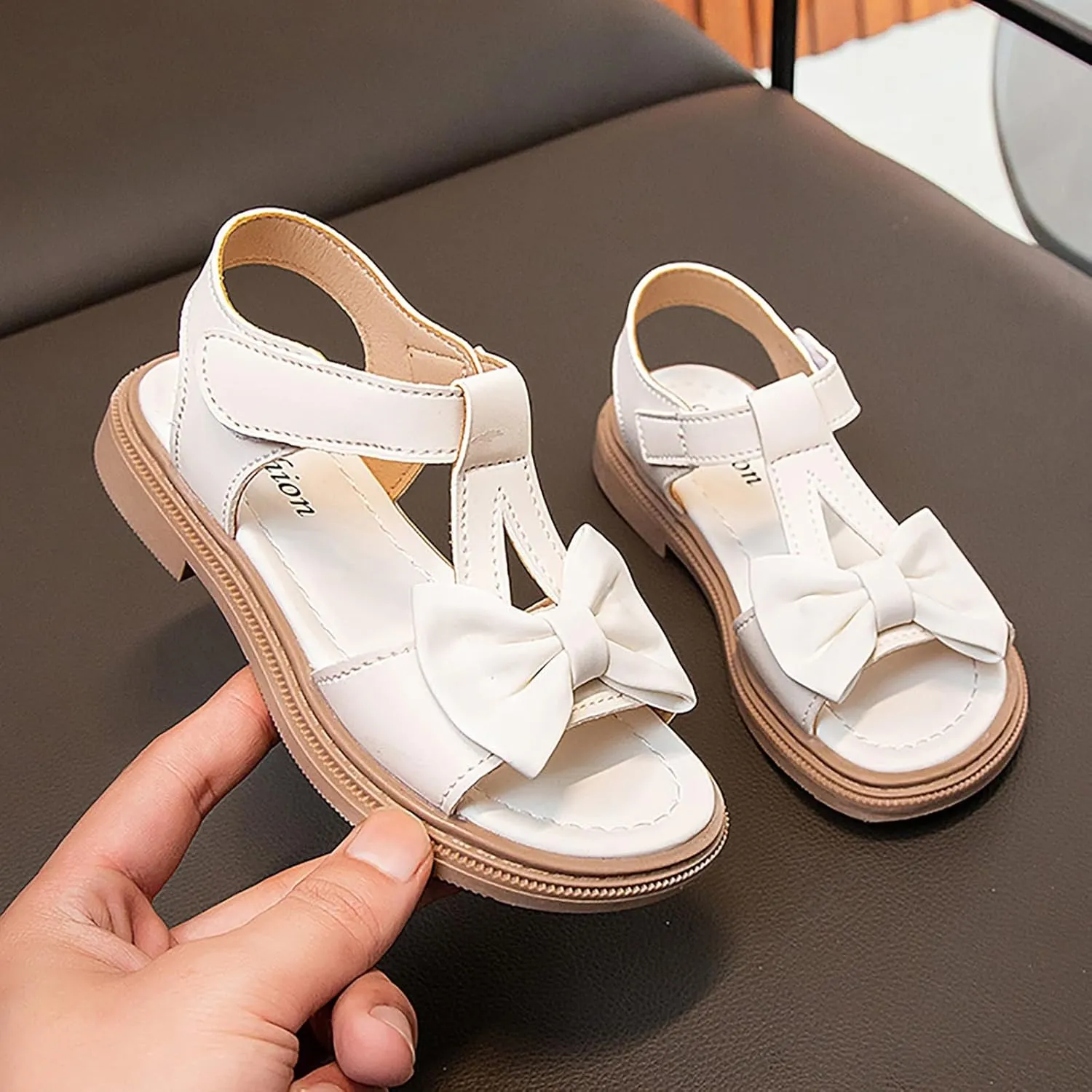 Toddler Kids Girl Open-toe Casual Solid Sandal Low Heel Hook & Loop Bow Soft Rubber Sole Party Dress Shoes