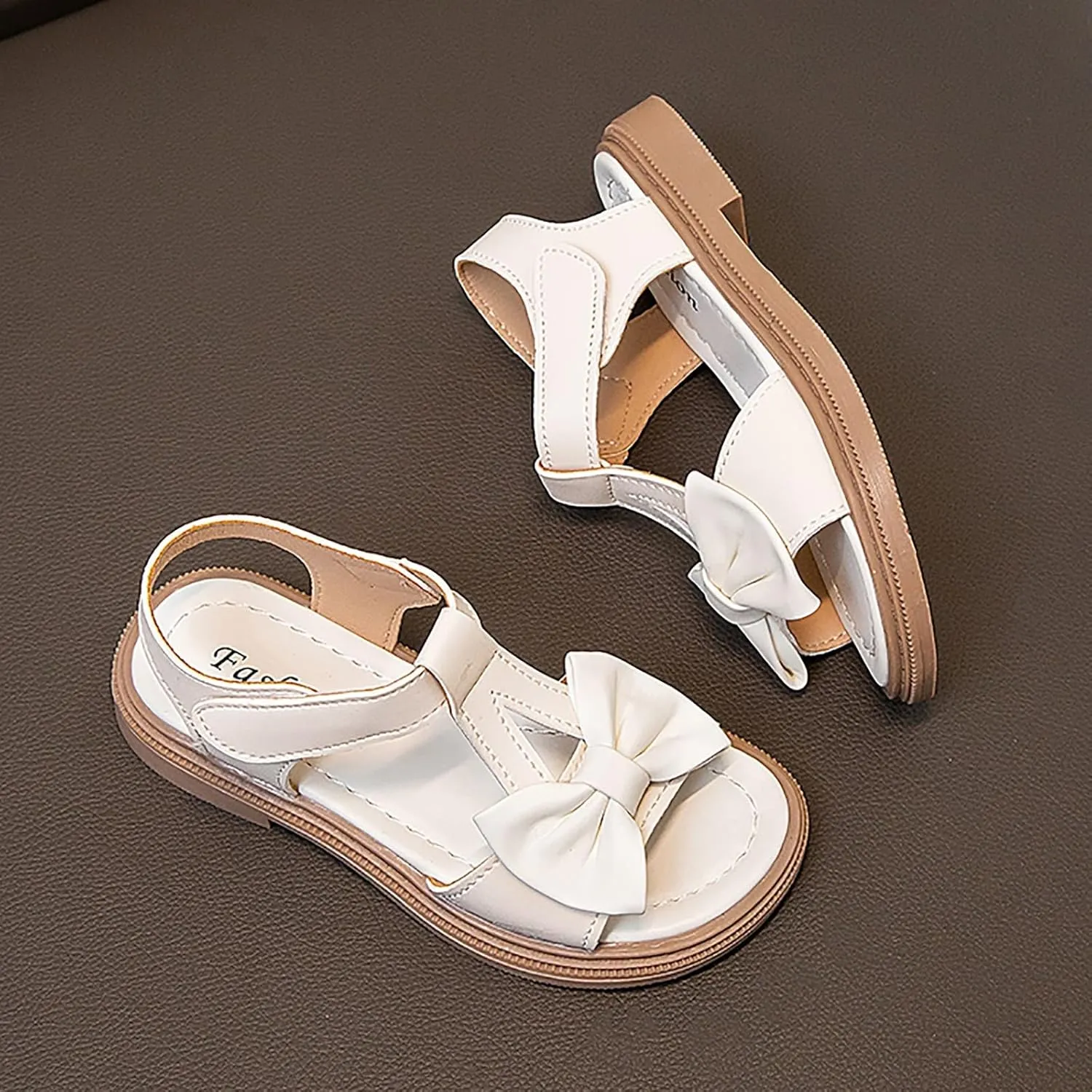 Toddler Kids Girl Open-toe Casual Solid Sandal Low Heel Hook & Loop Bow Soft Rubber Sole Party Dress Shoes