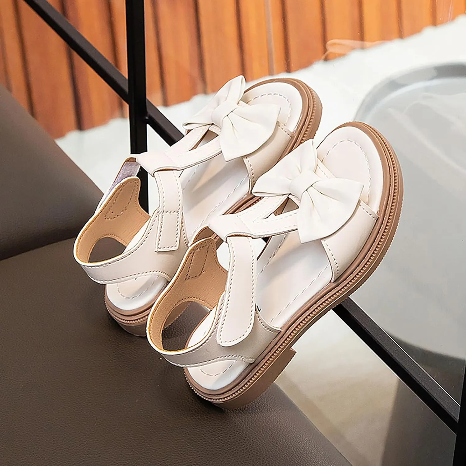 Toddler Kids Girl Open-toe Casual Solid Sandal Low Heel Hook & Loop Bow Soft Rubber Sole Party Dress Shoes