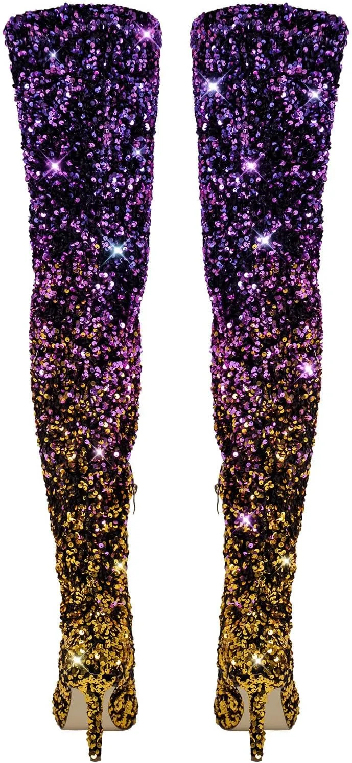 VERISSON Closed Point Toe Slouchy Thigh Boots Sparkly Sequins Stiletto Heeled Booties