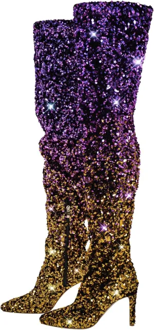 VERISSON Closed Point Toe Slouchy Thigh Boots Sparkly Sequins Stiletto Heeled Booties