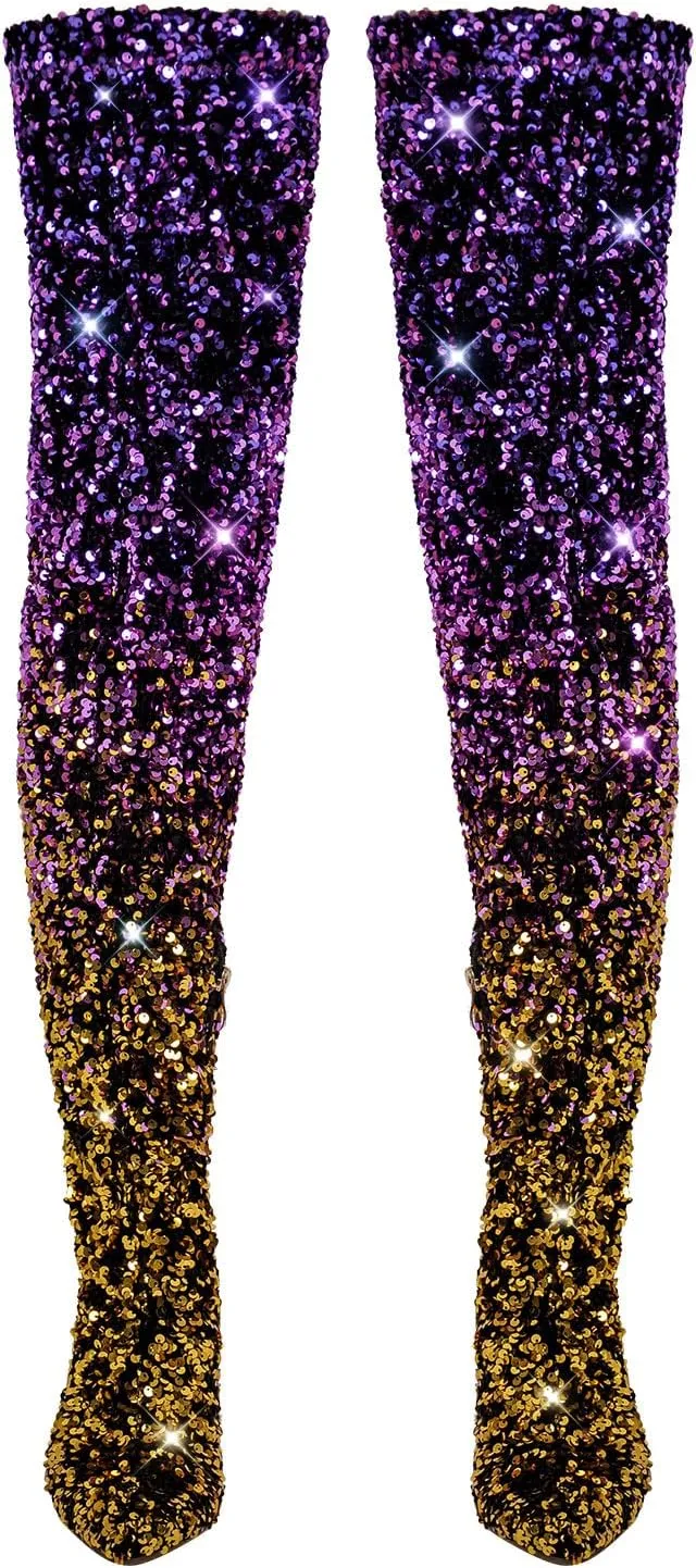 VERISSON Closed Point Toe Slouchy Thigh Boots Sparkly Sequins Stiletto Heeled Booties