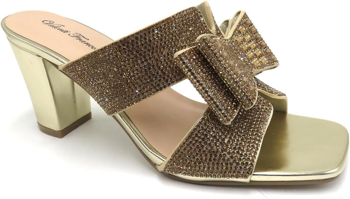 Women Rhinestone Heels Sandals Chunky Block Heels Slip on Sandals