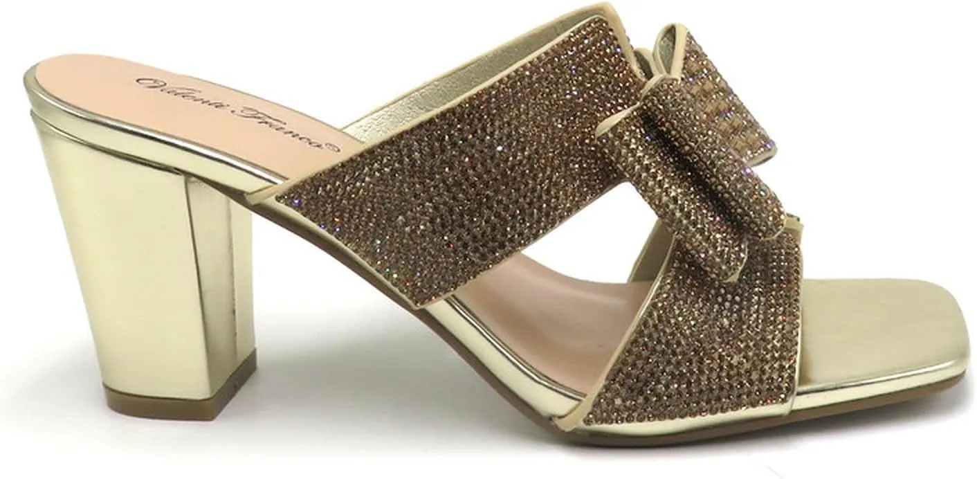 Women Rhinestone Heels Sandals Chunky Block Heels Slip on Sandals