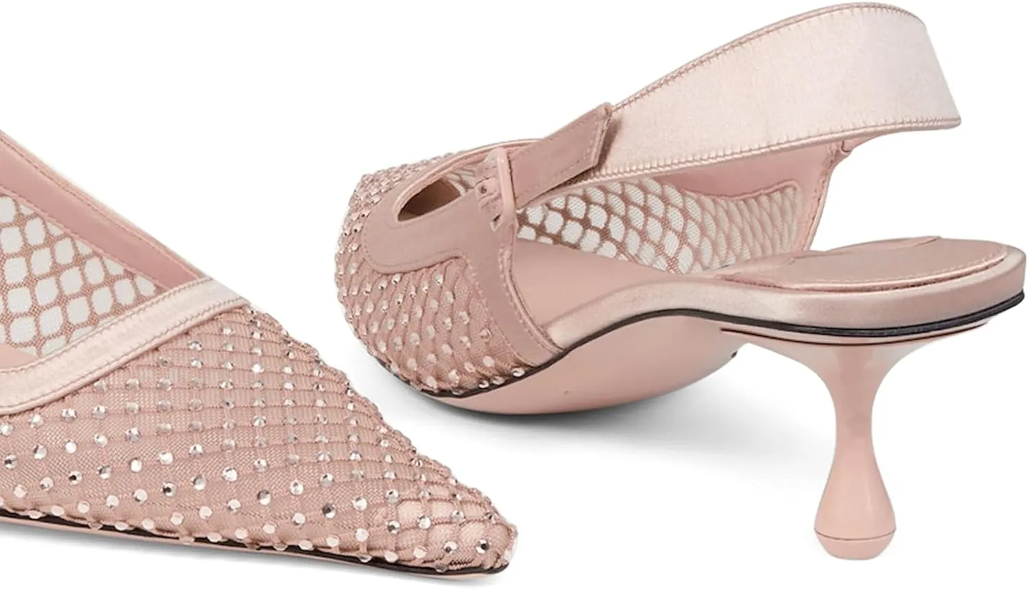 Women Slingback Kitten Heels Rhinestone Pointed Toe Mesh Dress Shoes for Wedding Office Party