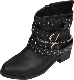 Womens Boots Retro Button Chain Thick Heel Round Toe Fashion Boots for Women Durable Soft Leather Winter Boots