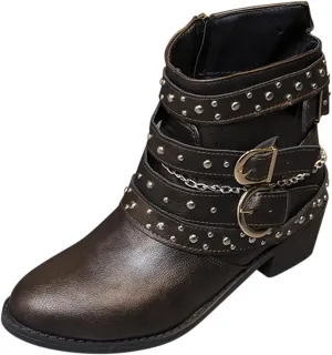 Womens Boots Retro Button Chain Thick Heel Round Toe Fashion Boots for Women Durable Soft Leather Winter Boots