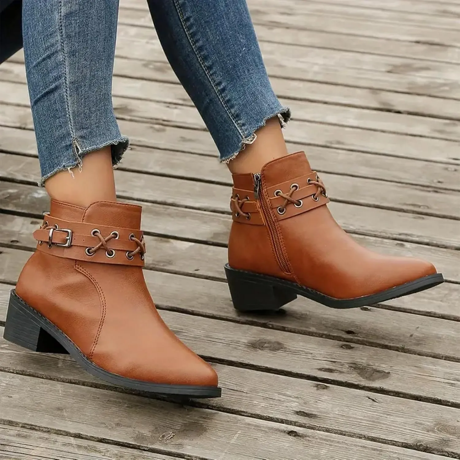 Womens Boots Retro Button Chain Thick Heel Round Toe Fashion Boots for Women Durable Soft Leather Winter Boots