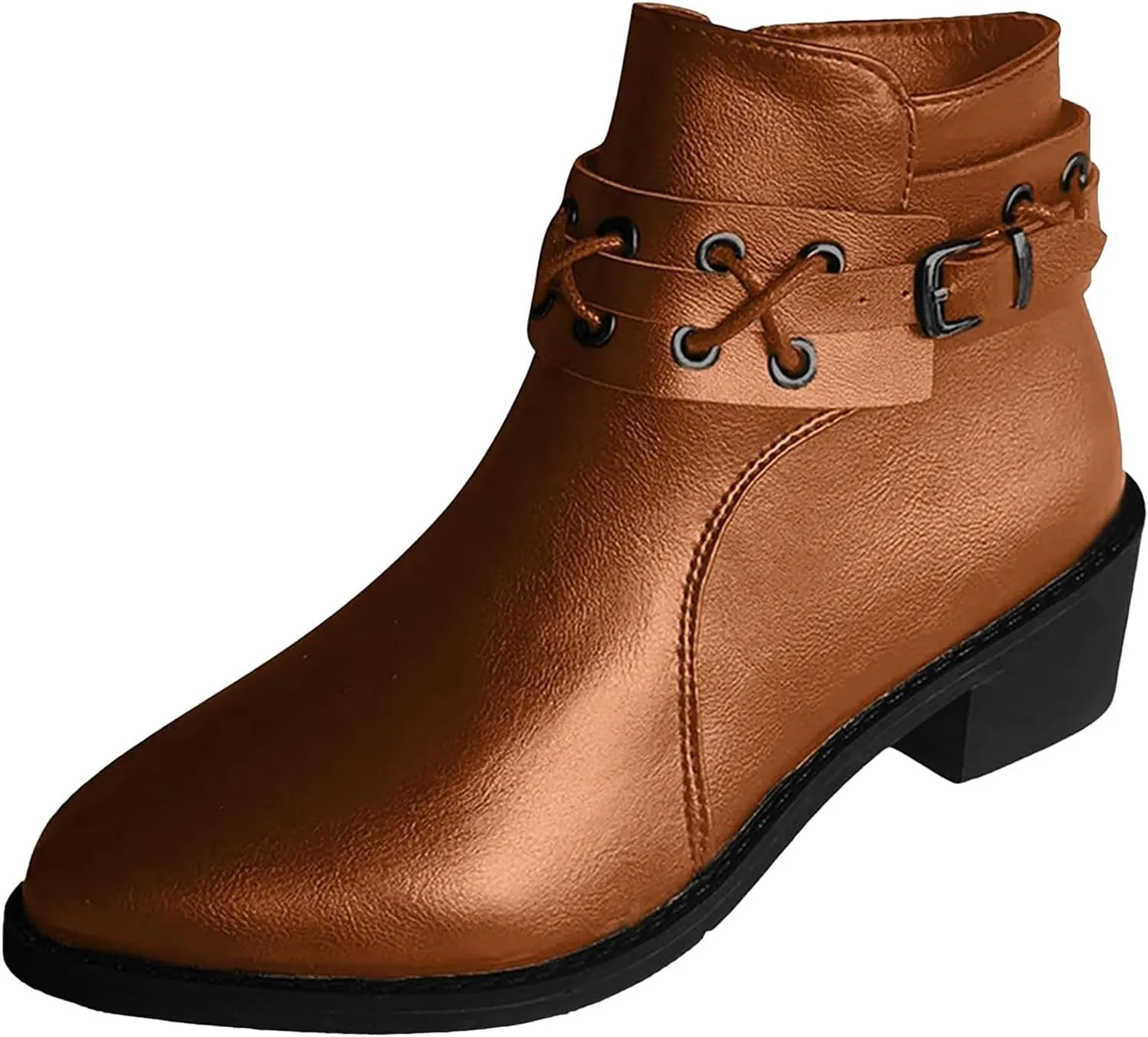 Womens Boots Retro Button Chain Thick Heel Round Toe Fashion Boots for Women Durable Soft Leather Winter Boots